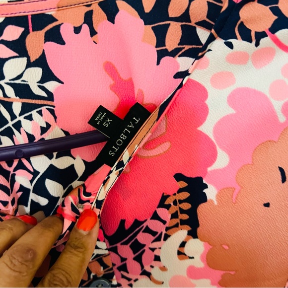 Talbots Pink & Navy Floral Print Tie Sleeve Button Back Blouse - Picture 5 of 8